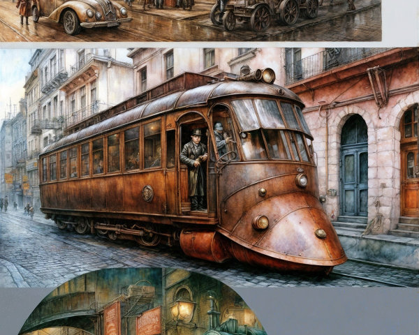 Vintage Urban Scene with Cityscape and Tram
