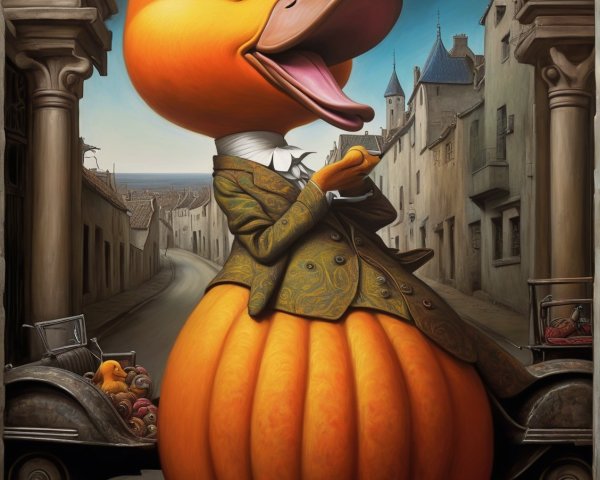 Oversized duck character in tailored suit on quaint street