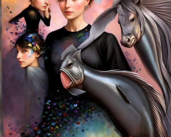 Surreal Artwork of Elegant Woman Surrounded by Fantasy Elements