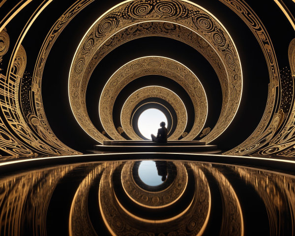 Circular Tunnel with Golden Patterns and Contemplative Figure