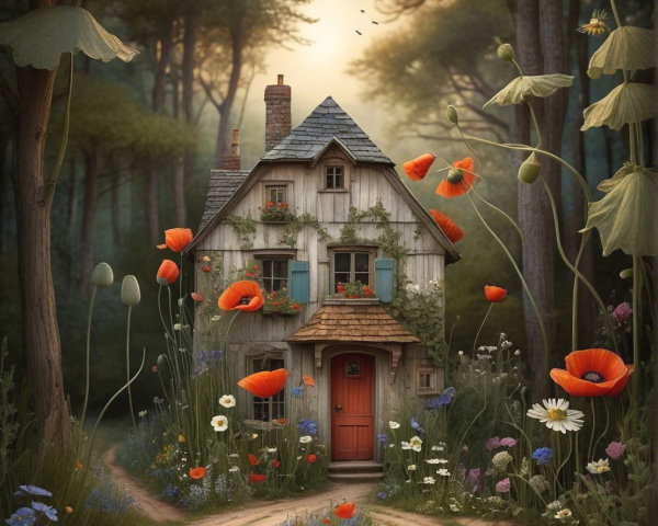 Whimsical Cottage Surrounded by Lush Forest and Flowers