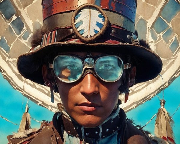 Young person with elaborate hat and vibrant background
