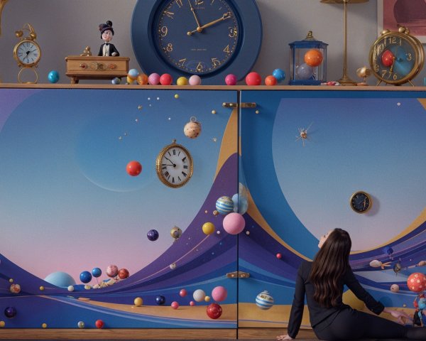 Whimsical Cabinet with Colorful Orbs and Clocks