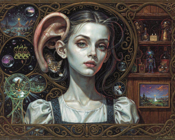 Surreal Oil Painting of Woman with Cat and Intricate Background