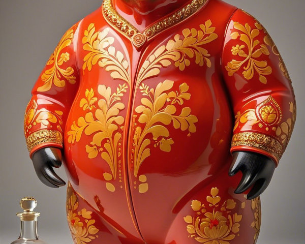 Stylized bear in red garment with golden patterns