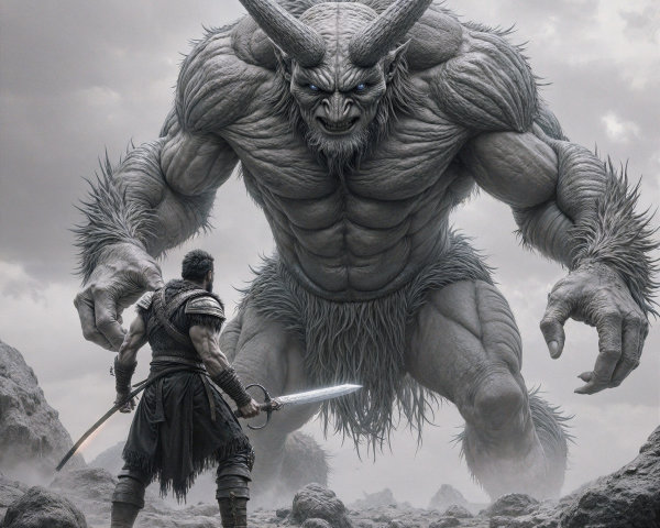 Epic Confrontation Between Warrior and Monstrous Beast