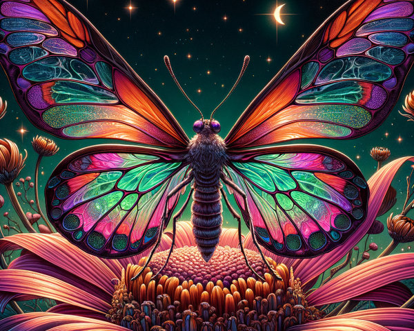 Vibrant Butterfly on Colorful Flower Under Starry Sky