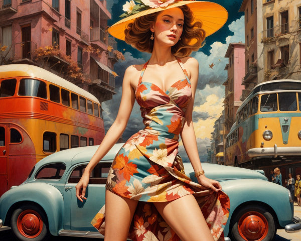 Glamorous Woman in Floral Dress on Vibrant City Street