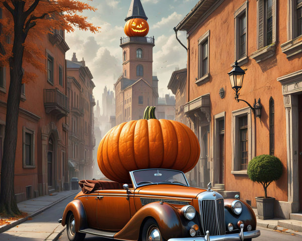 Vintage Car with Pumpkin on Charming Autumn Street