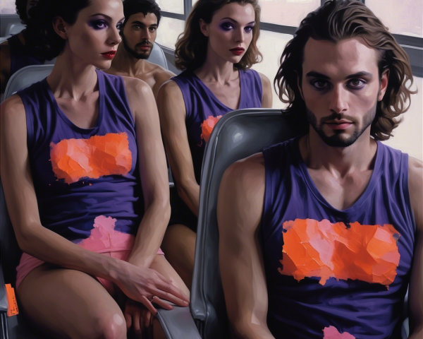 Group in Purple Tank Tops on Urban Bus