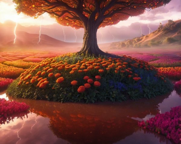 Majestic Tree on Island Surrounded by Colorful Flowers