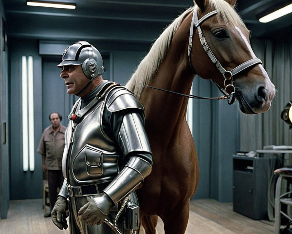 Futuristic Scene with Robotic Suit and Horse