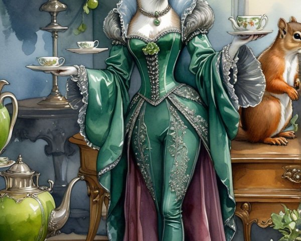 Regal Squirrel in Green Gown at Victorian Tea Party