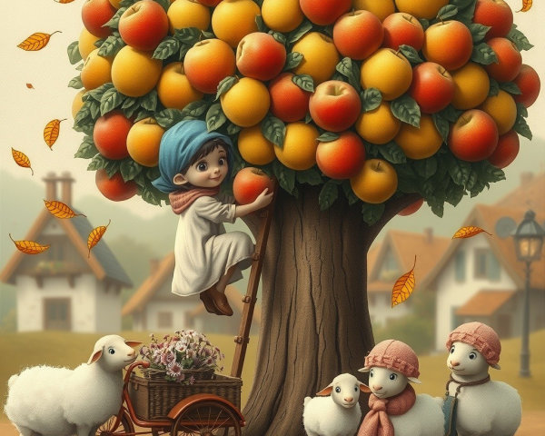 Child Climbing Apple Tree with Sheep and Autumn Scene