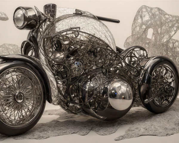 Intricate Chrome Motorcycle Sculpture on Rocky Surface