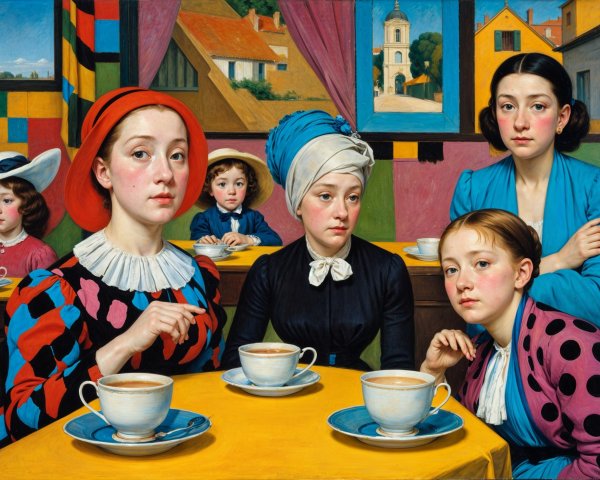 Group of Women and Boy at Yellow Table in Painting