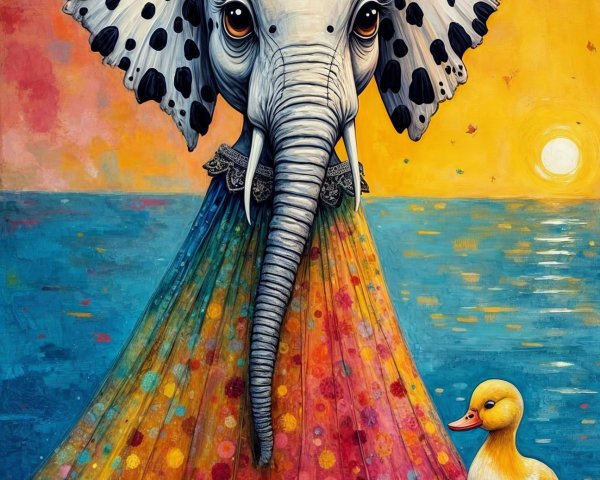 Colorful Elephant and Duckling by Vibrant Sunset Ocean