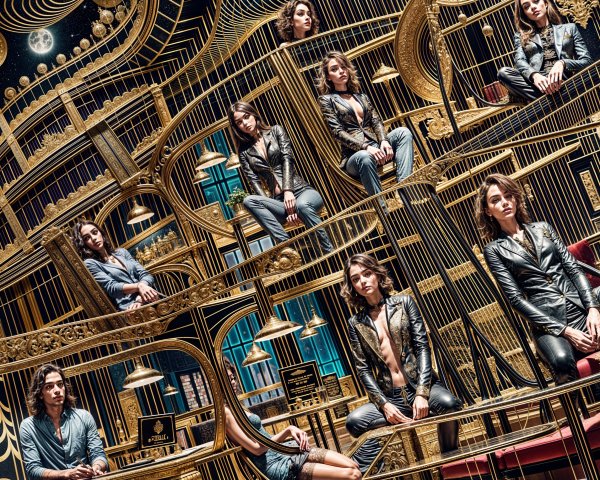 Surreal Labyrinth of Golden Bookshelves and Figures