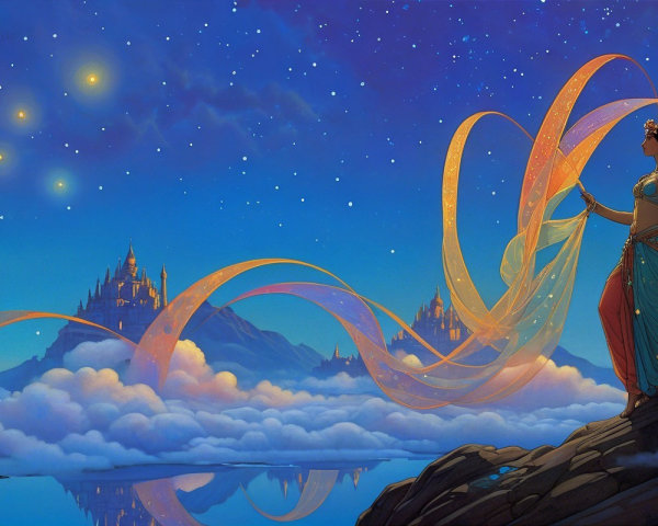 Woman in Flowing Fabrics Overlooking Starlit Castle