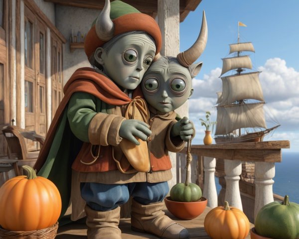 Whimsical Creatures on a Balcony with Pumpkins and Ship