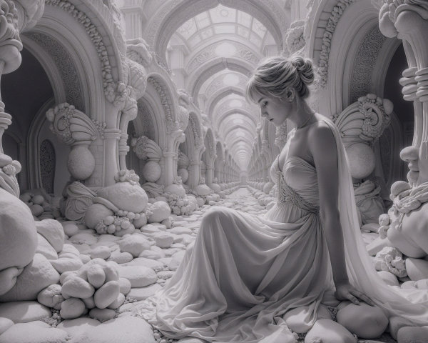 Monochromatic Scene with Ethereal Woman and Stones
