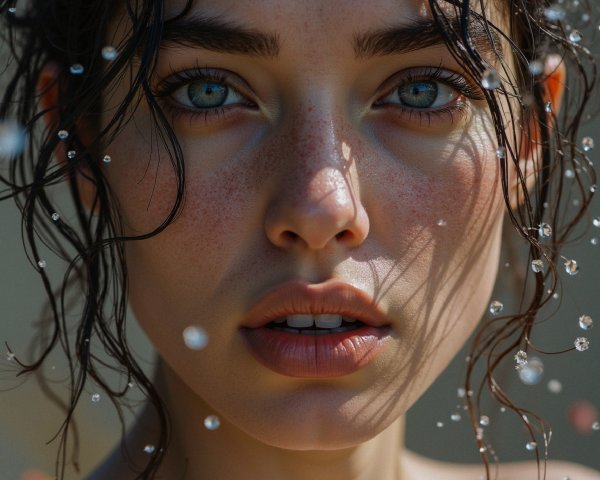 Close-Up of a Young Woman with Wet Hair and Freckles