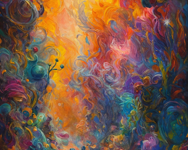 Vibrant Abstract Scene with Swirling Colors and Shapes