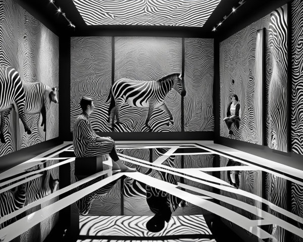 Black-and-White Room with Zebra Stripes and Figures