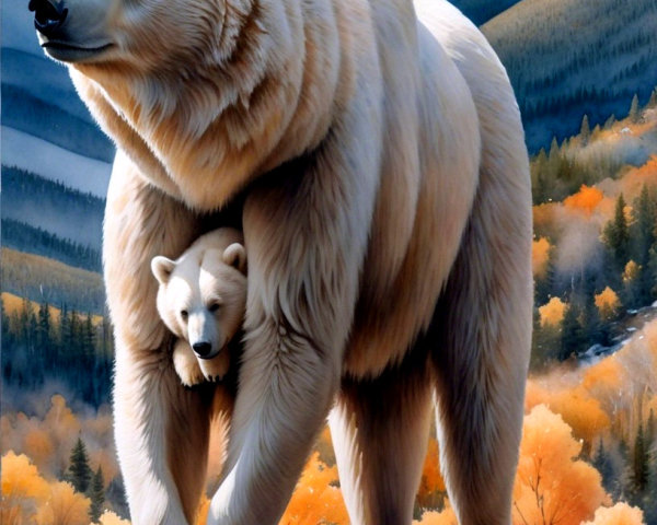 Bear and Cub in Autumn Landscape with Mountains