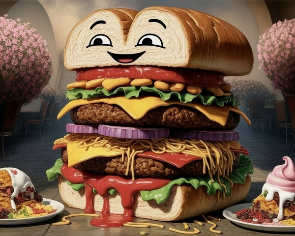 Oversized Playful Burger in Whimsical Restaurant Setting