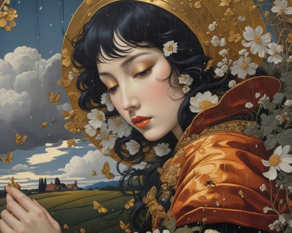 Serene woman in golden halo with nature backdrop
