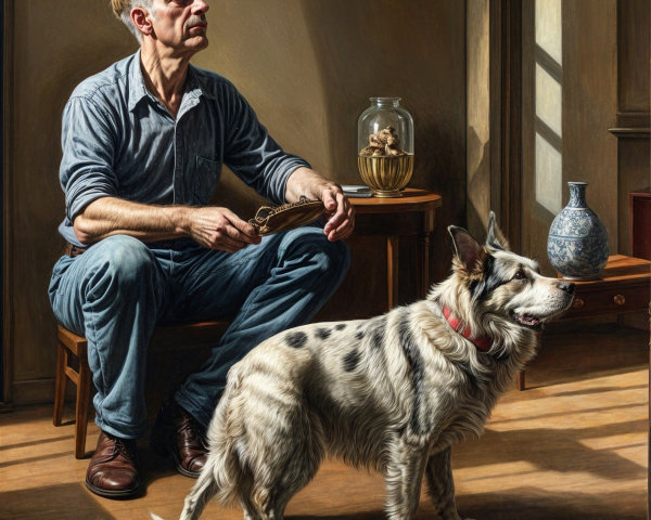 Thoughtful man with dog in cozy, warmly lit room