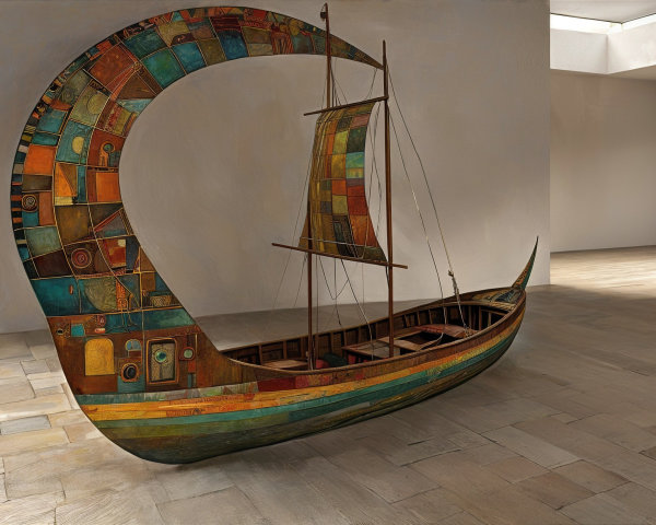 Uniquely Designed Boat with Colorful Patterns and Sail