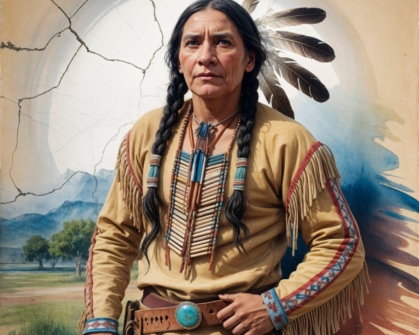 Native American Man in Traditional Attire and Landscape