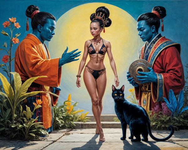 Surreal Scene with Muscular Woman and Blue Figures