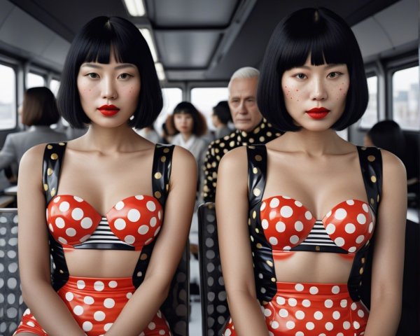 Women in Polka Dot Outfits on a Train Compartment