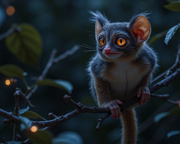 Expressive Creature with Glowing Eyes on a Branch