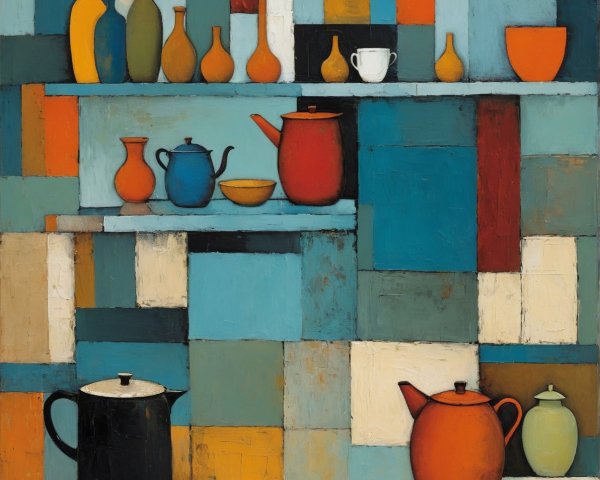 Vibrant Abstract Artwork with Geometric Shapes and Vessels