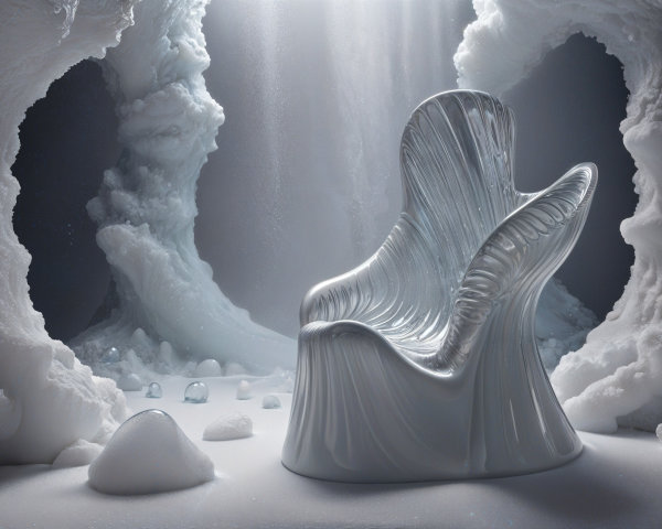 Futuristic White Chair in Icy Cavern with Crystals