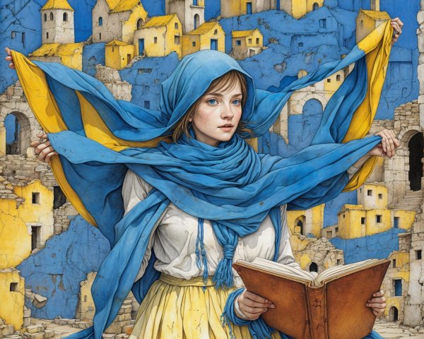 Young woman in vibrant blue and yellow scene with book