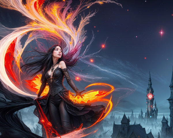 Sorceress with Flames Against a Dark Mystical Backdrop