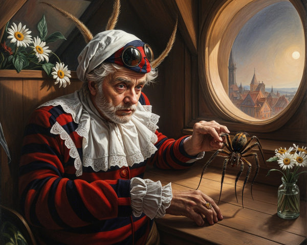 Elderly Figure Observing a Spider by a Window