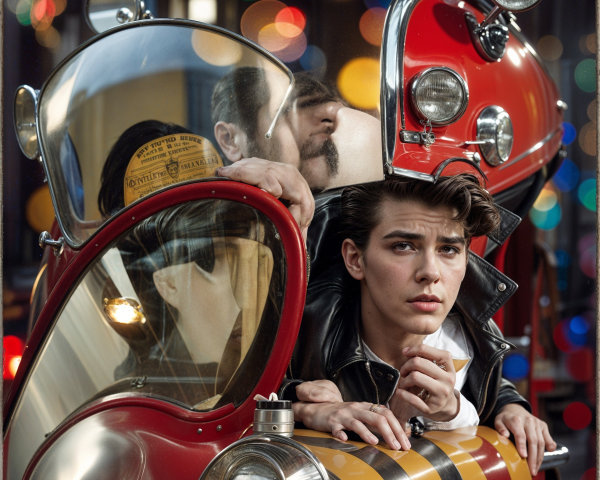 Stylish Young Man in Vintage Car with Colorful Lights