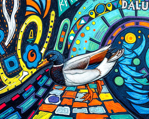 Vibrant Abstract Mural with Colorful Duck Centerpiece
