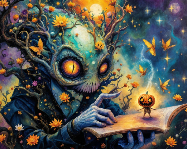 Whimsical creature in a vibrant, cosmic landscape