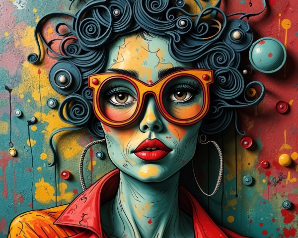Vibrant Portrait of a Woman with Blue Hair and Glasses