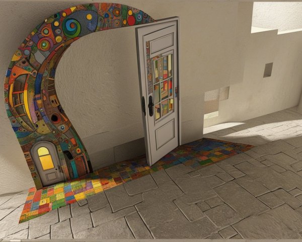 Whimsical Archway with Colorful Stained-Glass Door