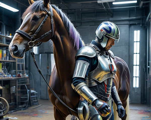 Futuristic Knight and Horse in Dimly Lit Workshop