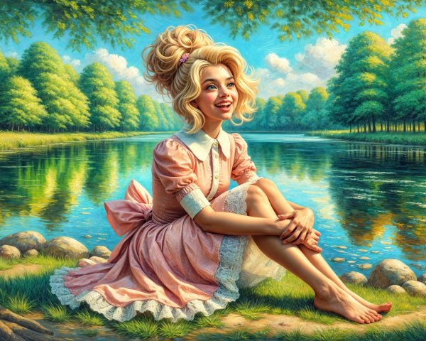 Young girl in vintage pink dress by serene lake