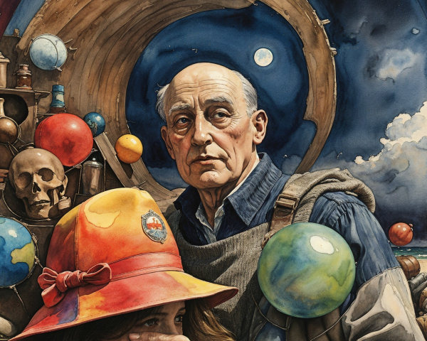 Somber Man and Young Woman in Celestial Setting